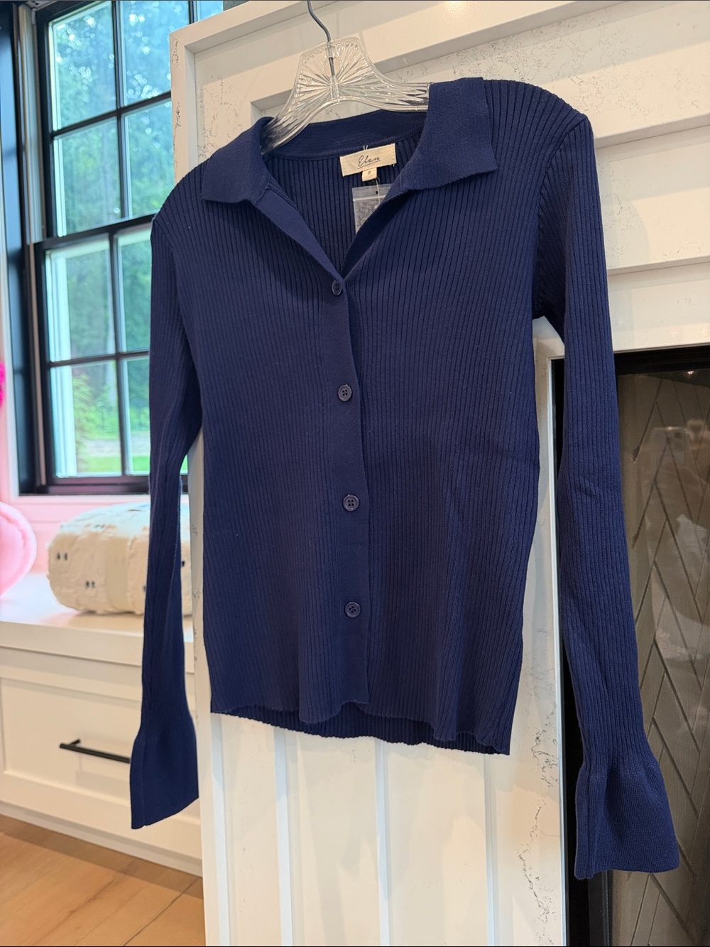 Elan Navy Ribbed Button-Front Long Sleeve Collared Top